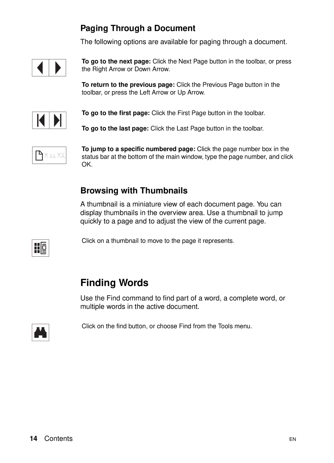 HP 4500 N manual Finding Words, Paging Through a Document, Browsing with Thumbnails 