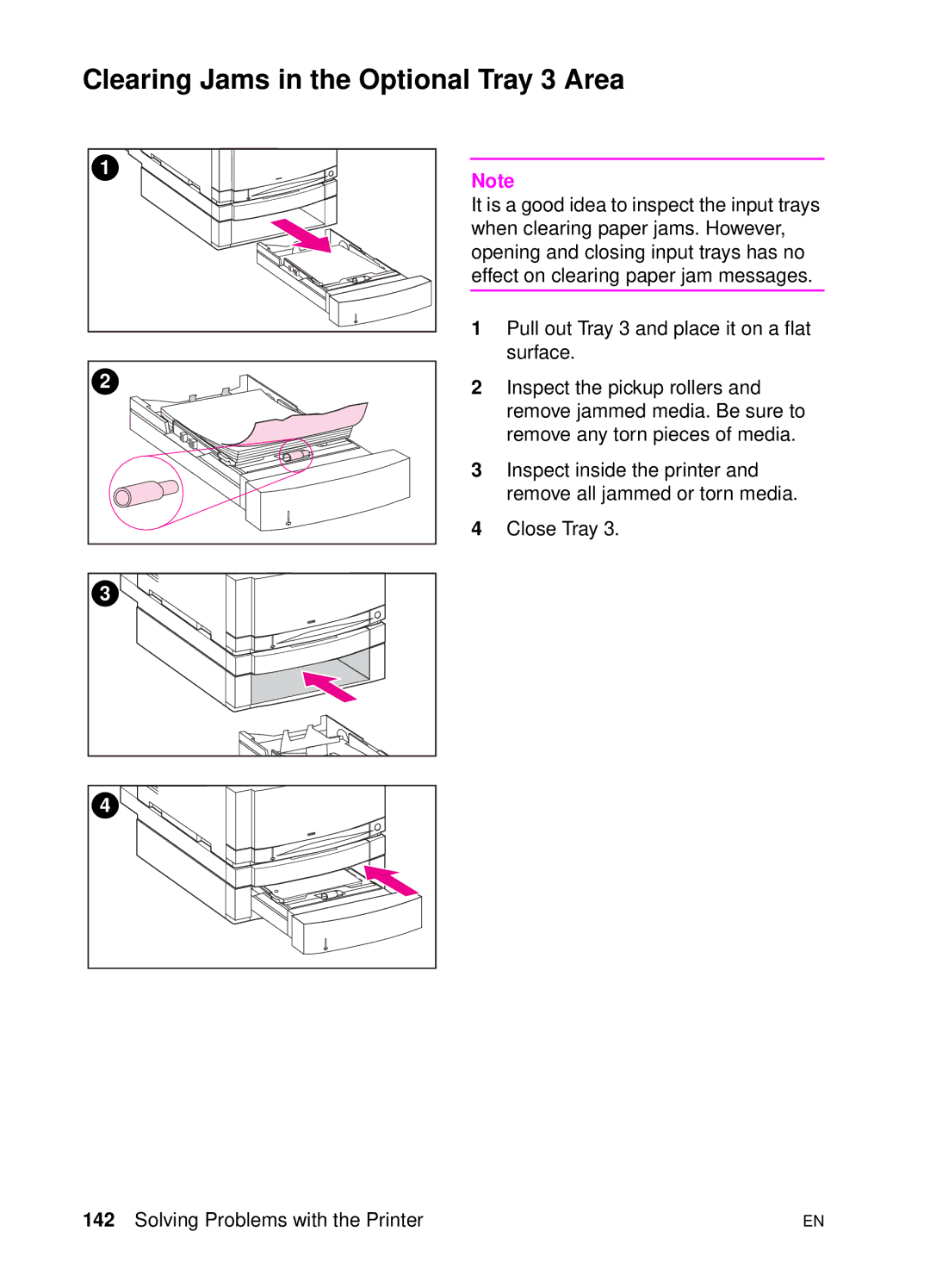 HP 4500 N manual Clearing Jams in the Optional Tray 3 Area 