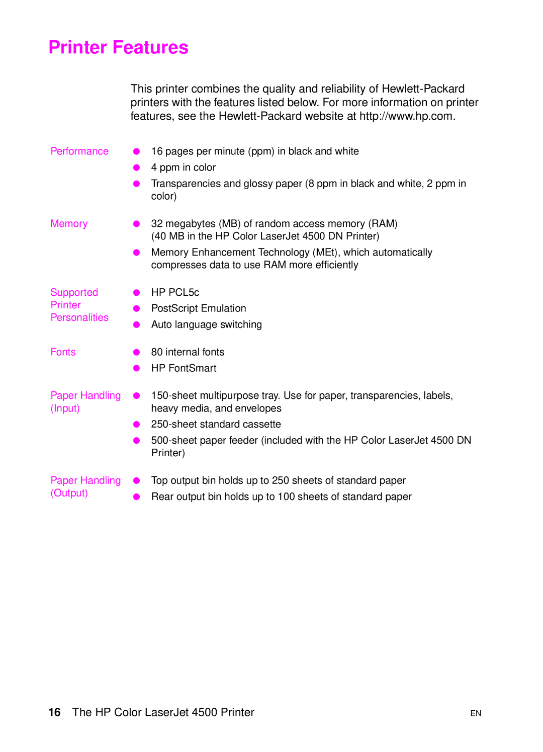 HP 4500 N manual Printer Features, Performance 