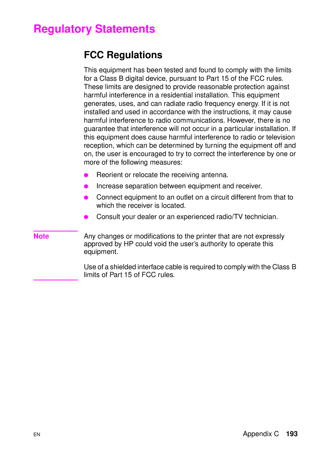 HP 4500 N manual Regulatory Statements, FCC Regulations 