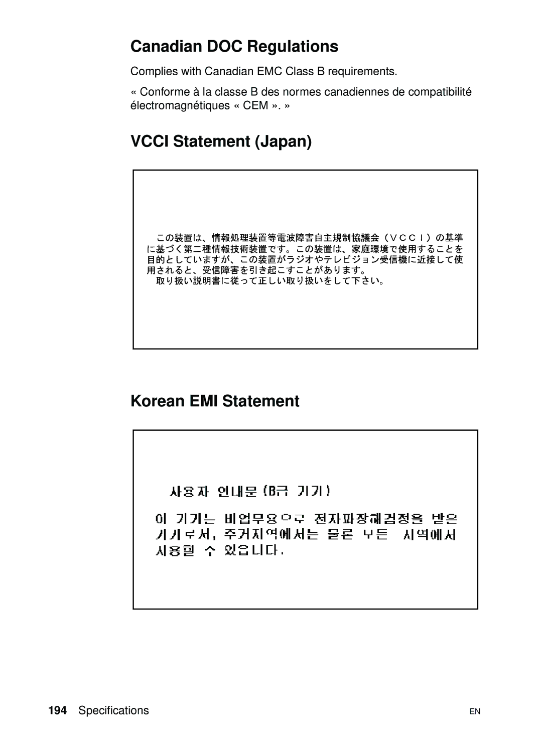 HP 4500 N manual Canadian DOC Regulations, Vcci Statement Japan Korean EMI Statement 