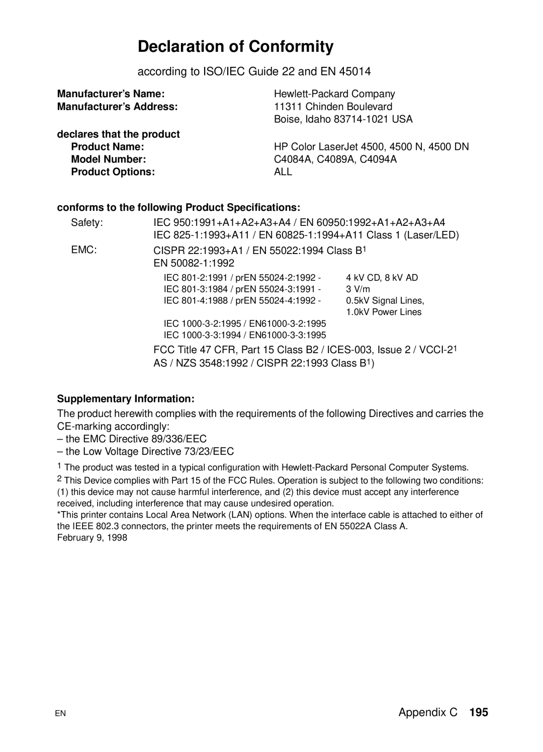 HP 4500 N manual Declaration of Conformity, All, Emc 