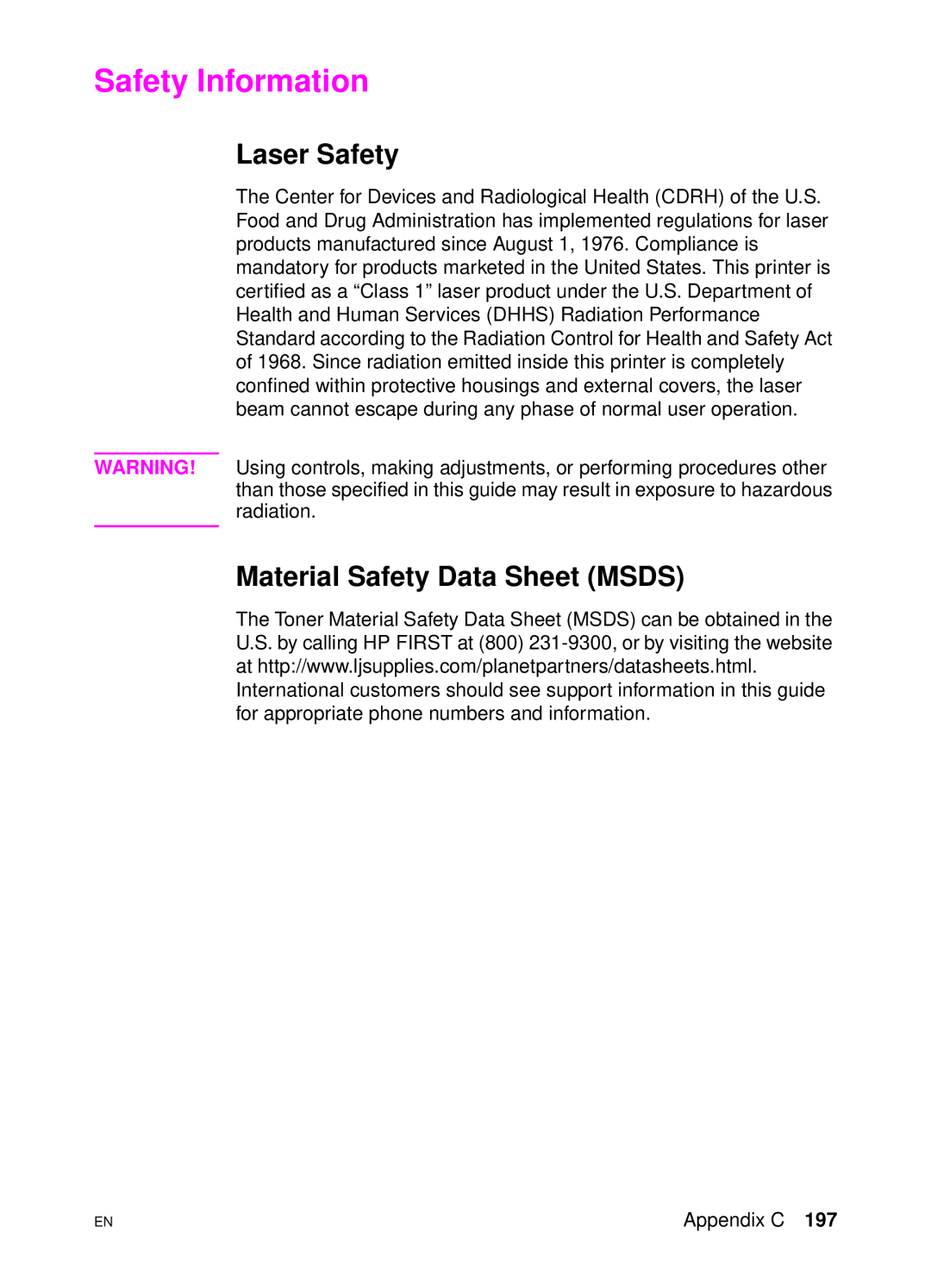 HP 4500 N manual Safety Information, Laser Safety, Material Safety Data Sheet Msds 