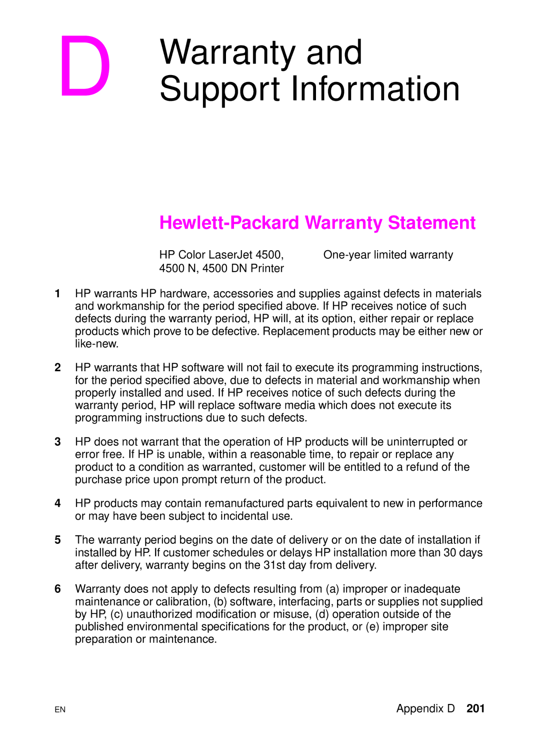 HP 4500 N manual Support Information, Hewlett-Packard Warranty Statement 