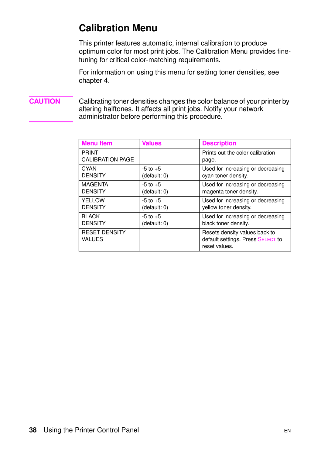 HP 4500 N manual Calibration Menu 