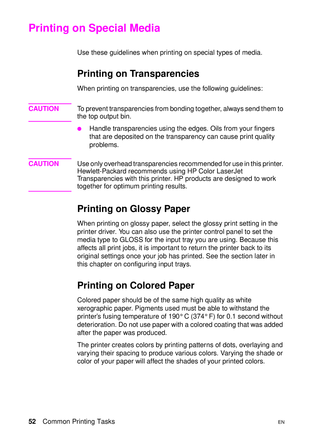 HP 4500 N manual Printing on Special Media, Printing on Transparencies, Printing on Glossy Paper, Printing on Colored Paper 