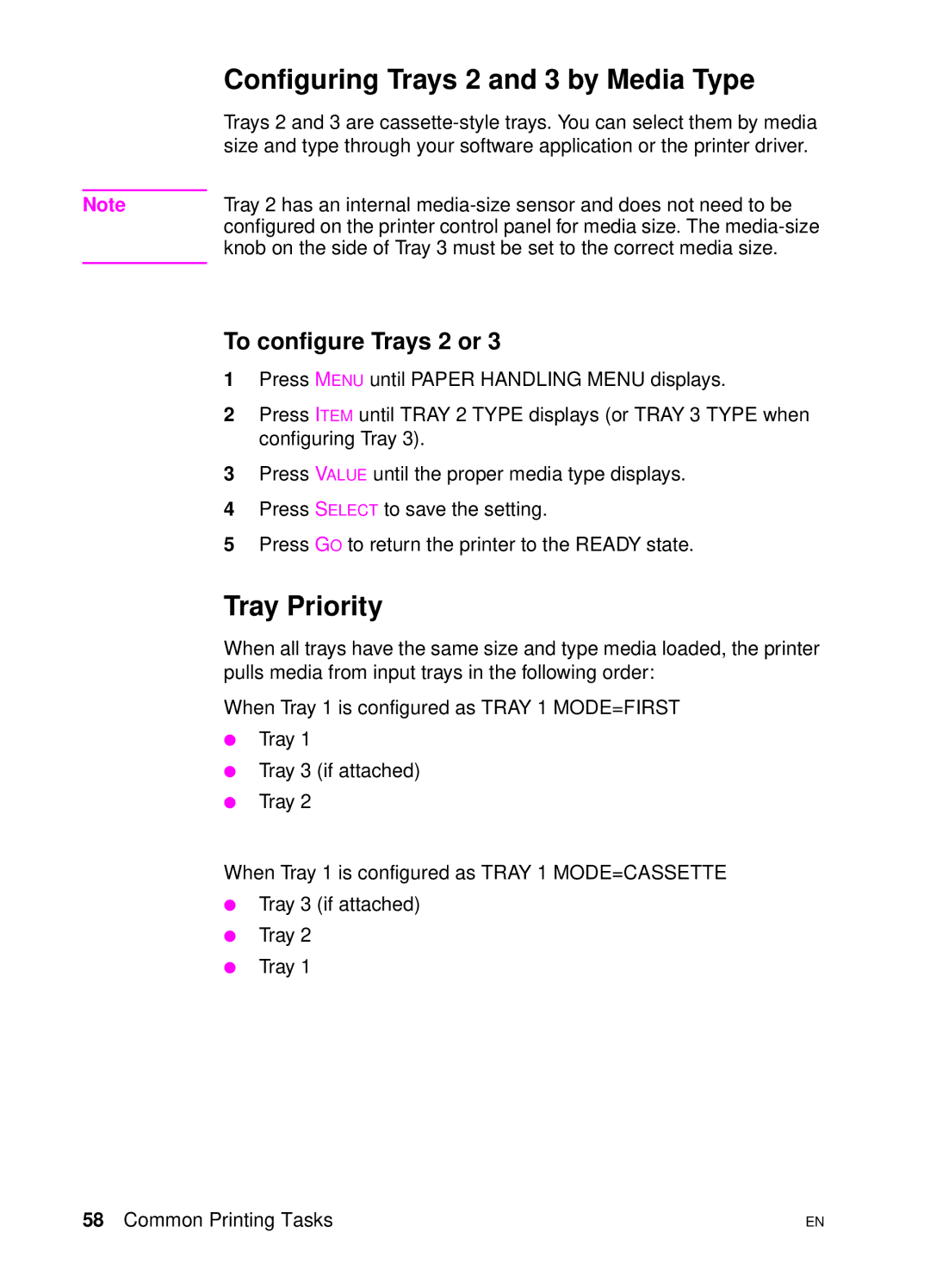 HP 4500 N manual Configuring Trays 2 and 3 by Media Type, Tray Priority, To configure Trays 2 or 