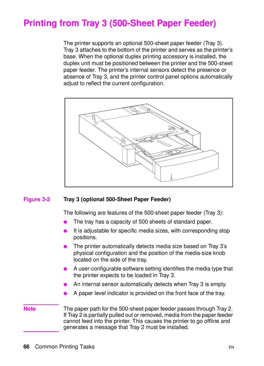 HP 4500 N manual Printing from Tray 3 500-Sheet Paper Feeder, 2Tray 3 optional 500-Sheet Paper Feeder 