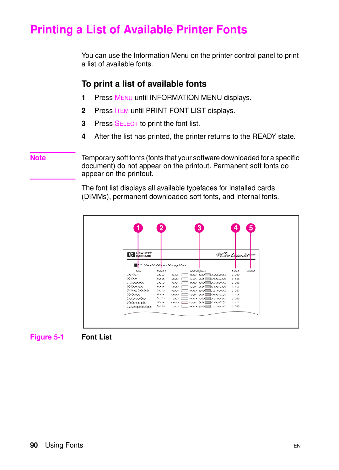 HP 4500 N manual Printing a List of Available Printer Fonts, To print a list of available fonts 