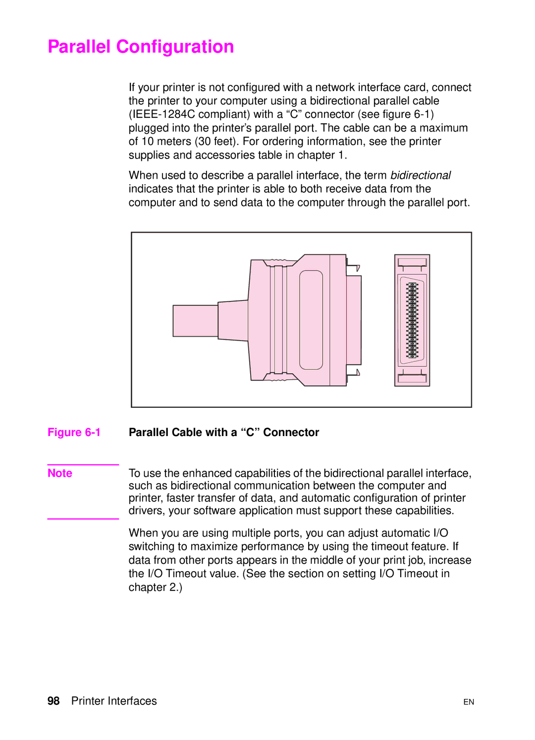 HP 4500 N manual Parallel Configuration, Parallel Cable with a C Connector 