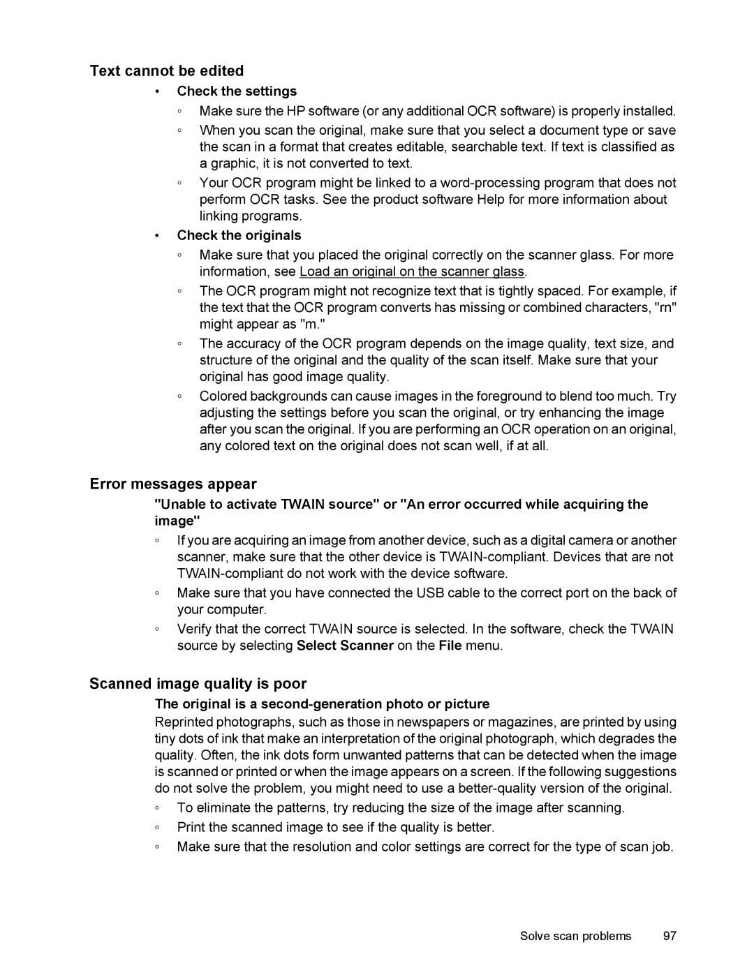 HP 4500 manual Text cannot be edited, Error messages appear, Scanned image quality is poor, Check the originals 