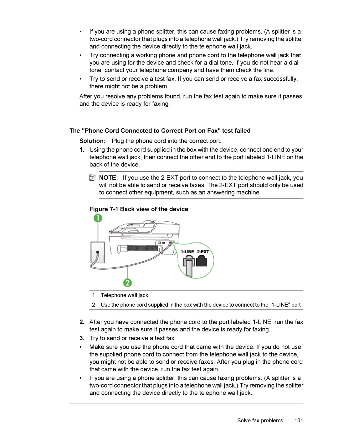 HP 4500 manual Phone Cord Connected to Correct Port on Fax test failed, Back view of the device 