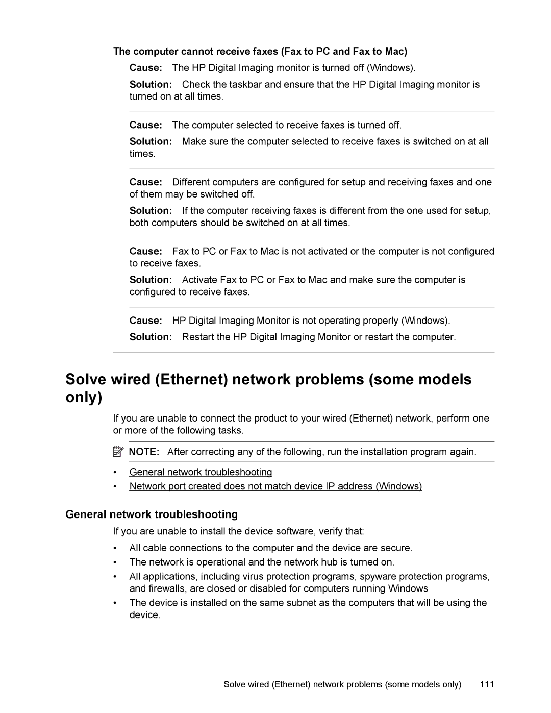 HP 4500 manual Solve wired Ethernet network problems some models only, General network troubleshooting 