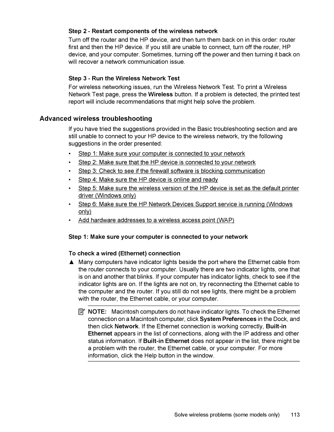 HP 4500 manual Advanced wireless troubleshooting, Restart components of the wireless network, Run the Wireless Network Test 