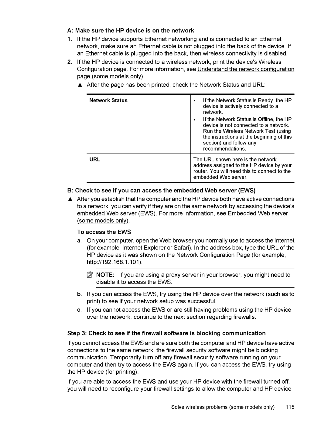 HP 4500 manual Make sure the HP device is on the network, Check to see if you can access the embedded Web server EWS 