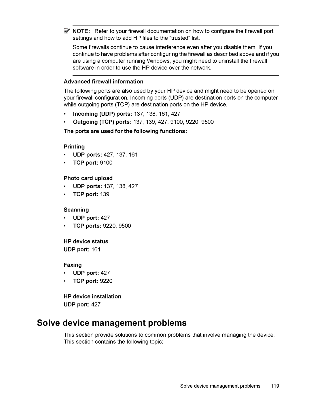 HP 4500 manual Solve device management problems, Advanced firewall information, Incoming UDP ports 137, 138, 161 