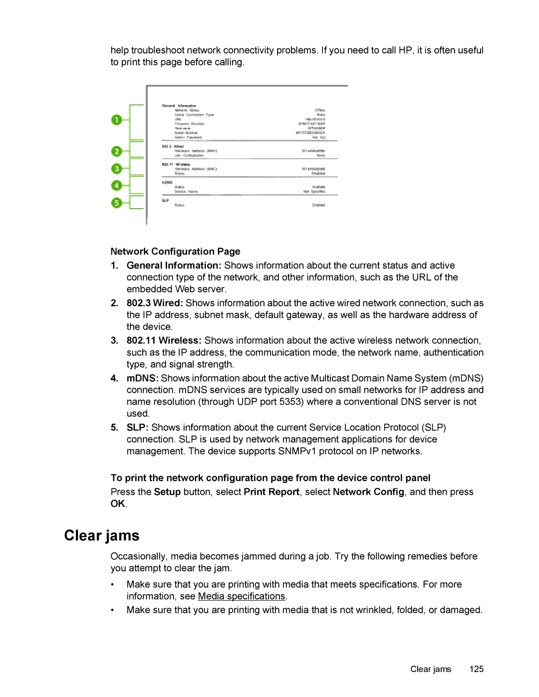 HP 4500 manual Clear jams, Network Configuration 