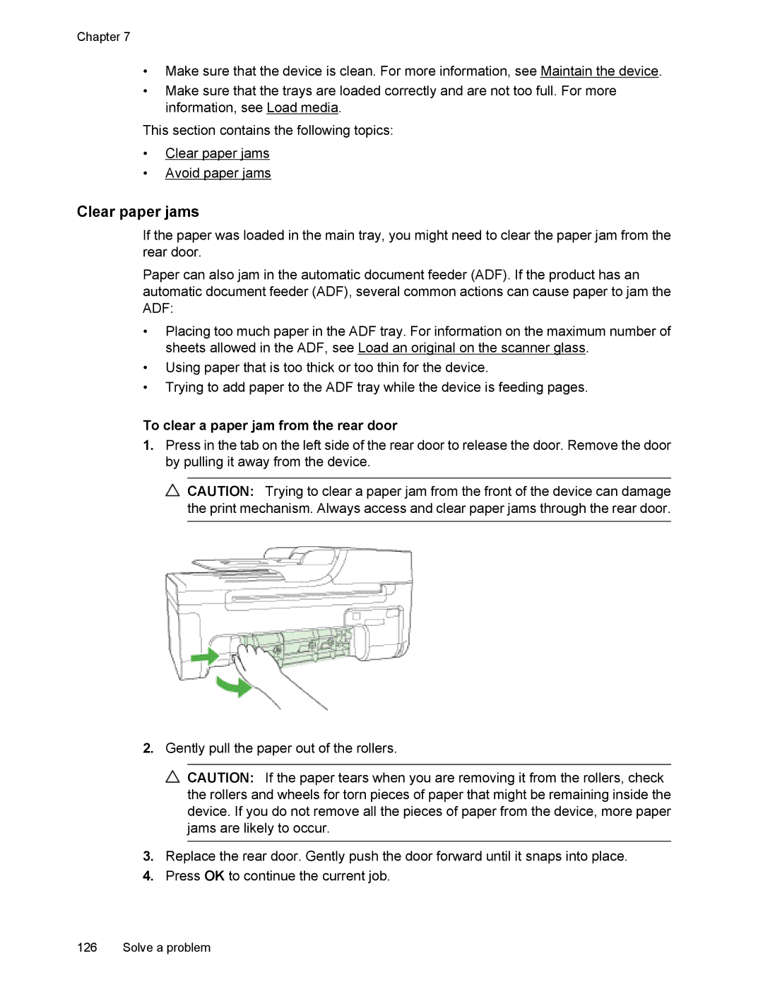 HP 4500 manual Clear paper jams, To clear a paper jam from the rear door 