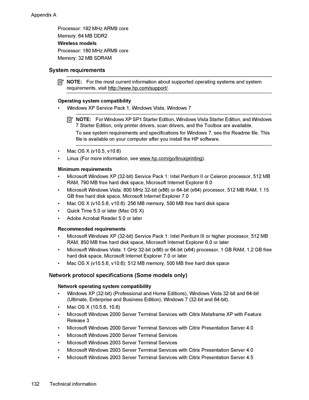 HP 4500 manual System requirements, Network protocol specifications Some models only 