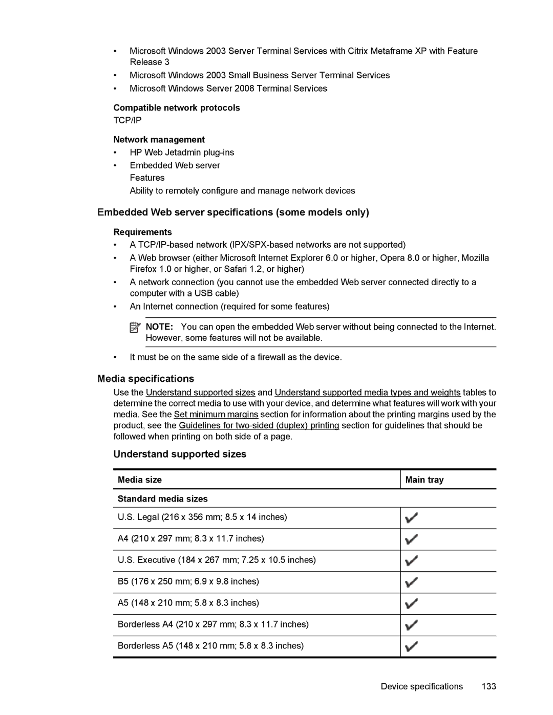 HP 4500 manual Embedded Web server specifications some models only, Media specifications, Understand supported sizes 