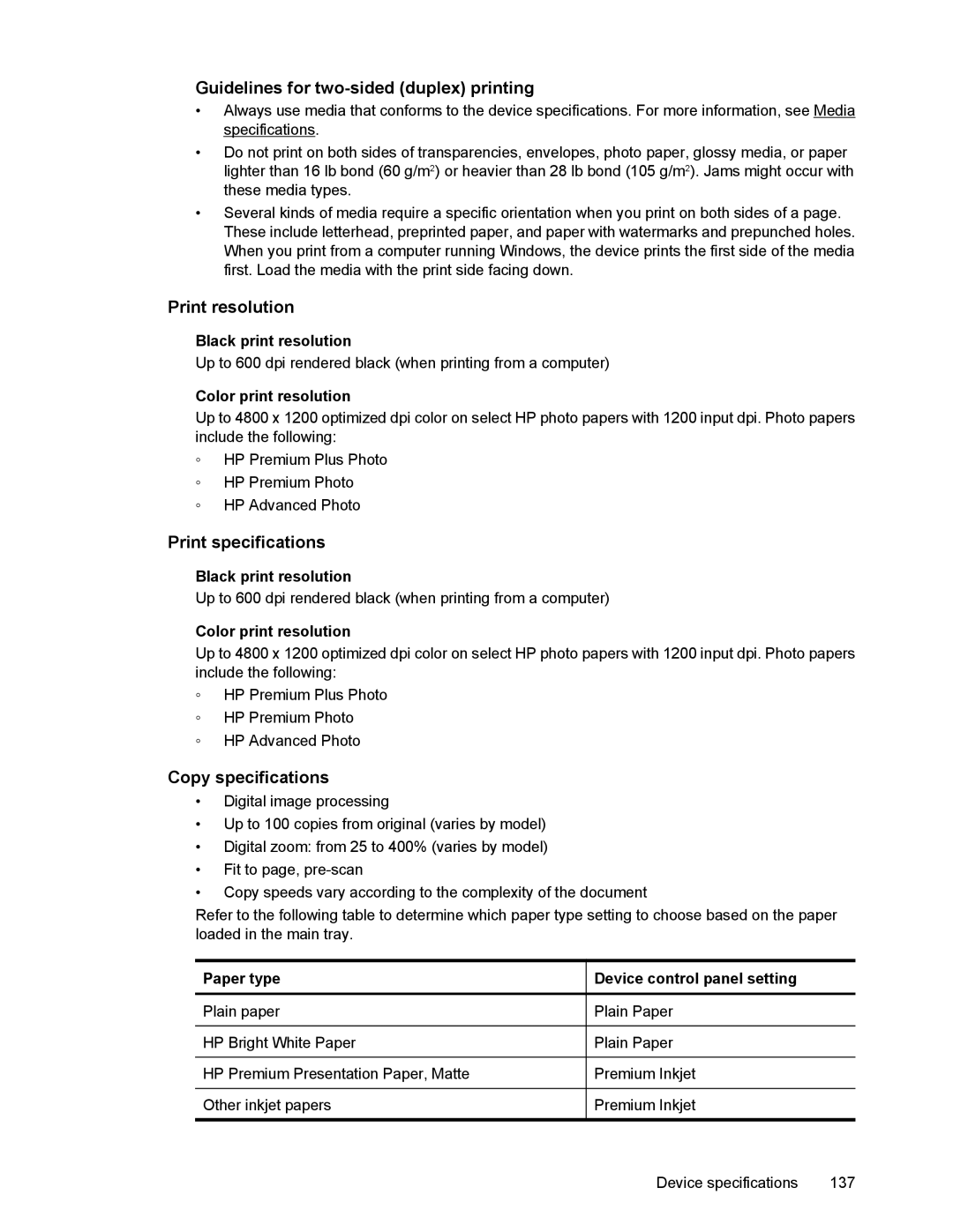 HP 4500 manual Guidelines for two-sided duplex printing, Print resolution, Print specifications, Copy specifications 