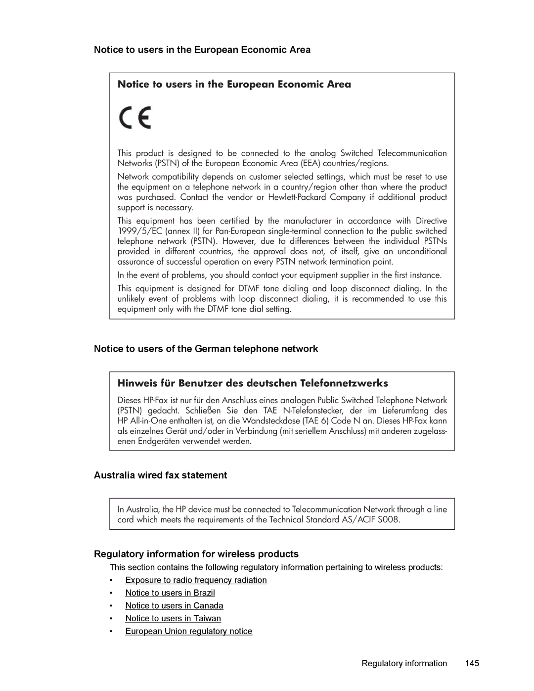 HP 4500 manual Australia wired fax statement, Regulatory information for wireless products 