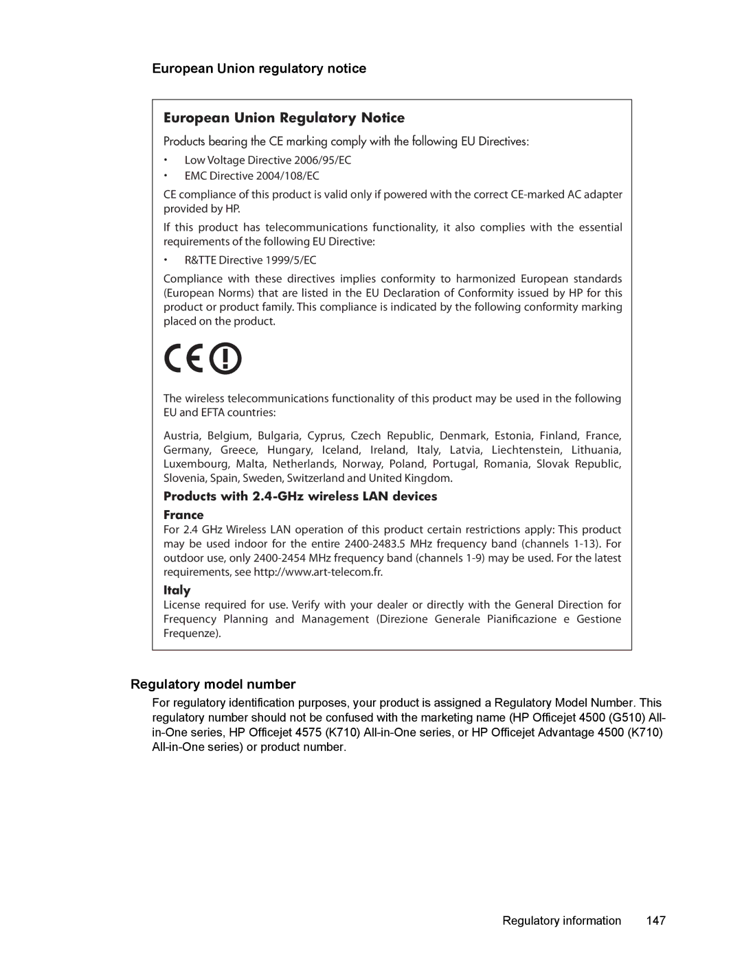 HP 4500 manual European Union regulatory notice, Regulatory model number 