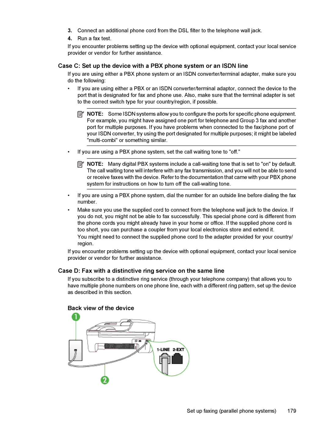 HP 4500 manual Case D Fax with a distinctive ring service on the same line 