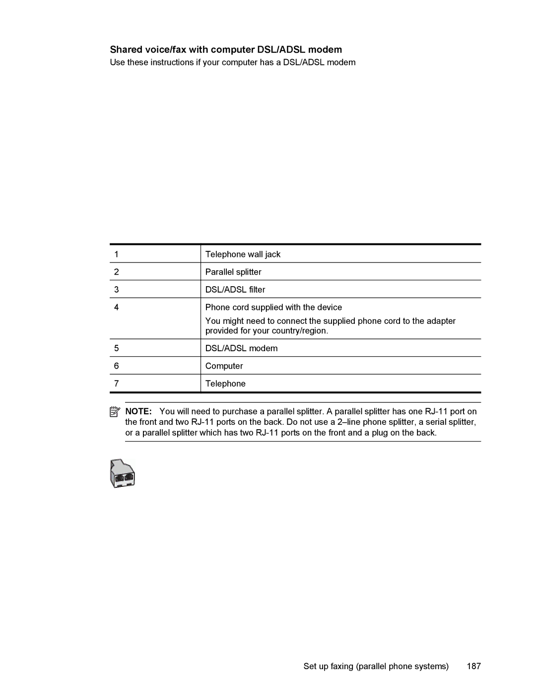 HP 4500 manual Shared voice/fax with computer DSL/ADSL modem 