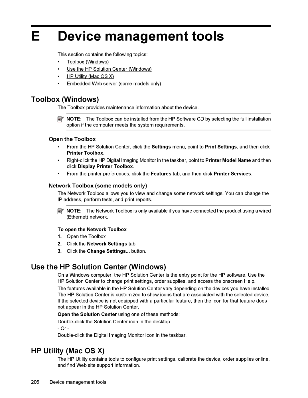 HP 4500 manual Device management tools, Toolbox Windows, Use the HP Solution Center Windows, HP Utility Mac OS 