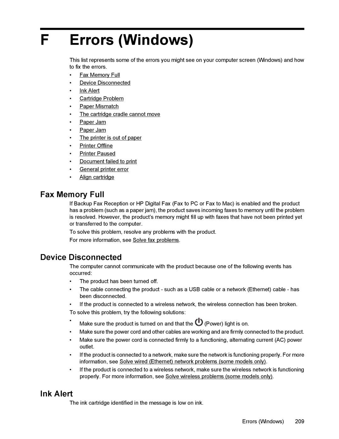 HP 4500 manual Errors Windows, Fax Memory Full, Device Disconnected, Ink Alert 