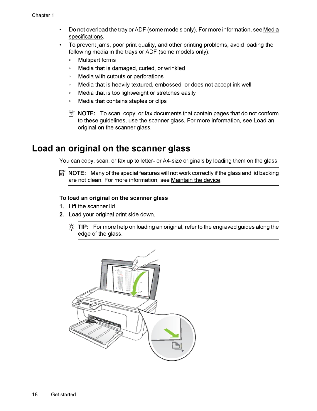 HP 4500 manual Load an original on the scanner glass, To load an original on the scanner glass 