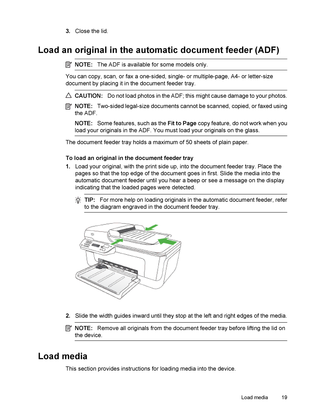 HP 4500 Load an original in the automatic document feeder ADF, Load media, To load an original in the document feeder tray 