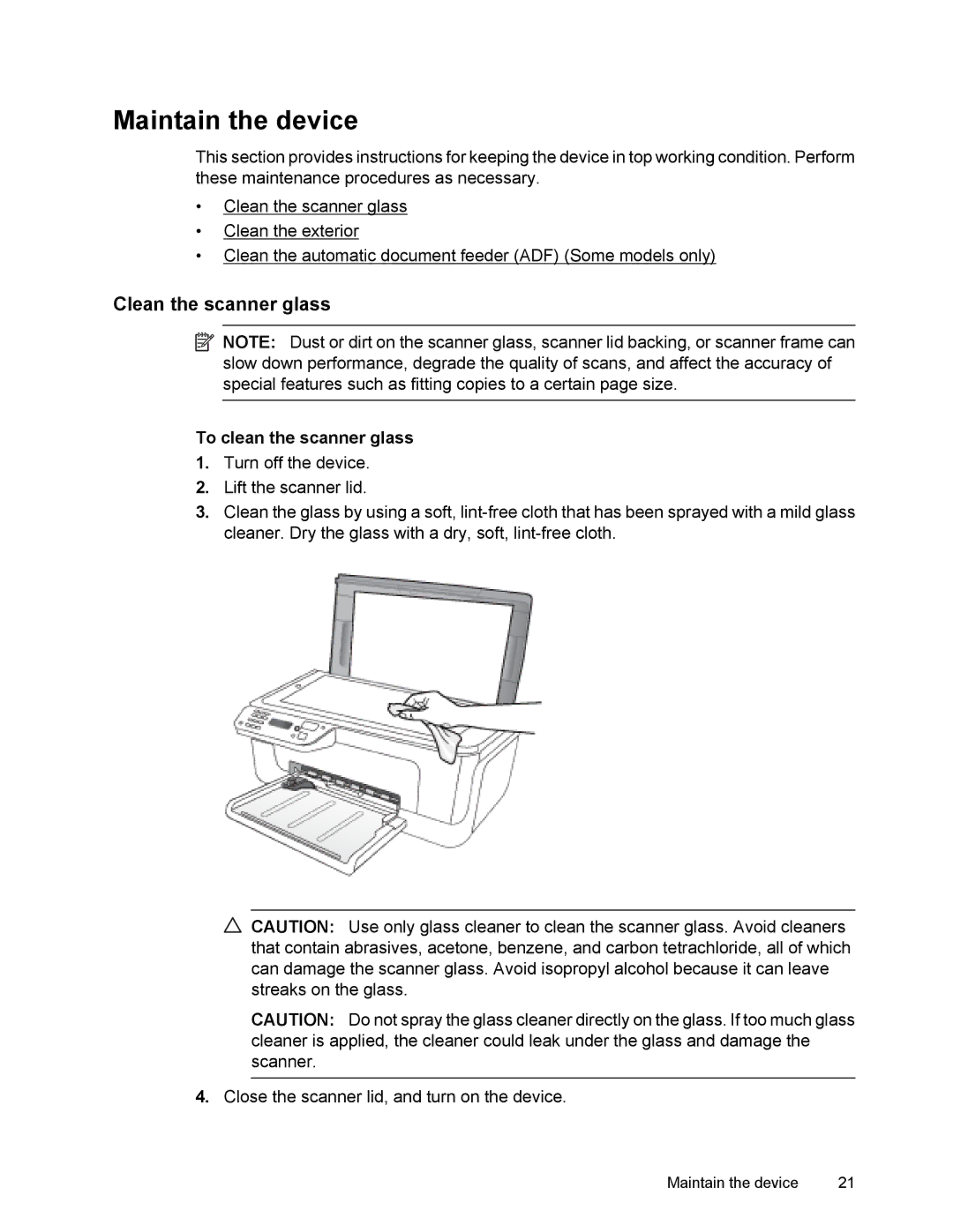 HP 4500 manual Maintain the device, Clean the scanner glass, To clean the scanner glass 