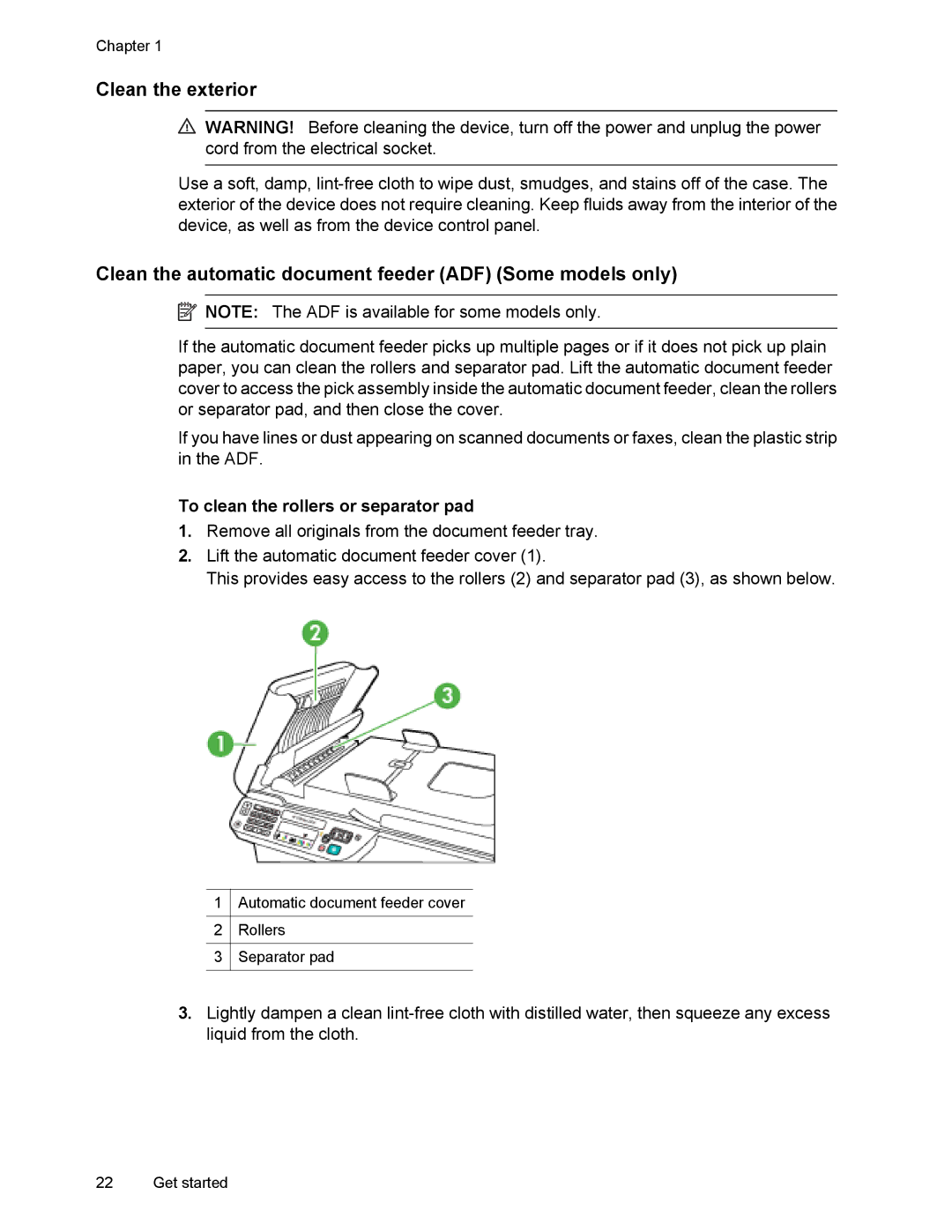 HP 4500 manual Clean the exterior, Clean the automatic document feeder ADF Some models only 