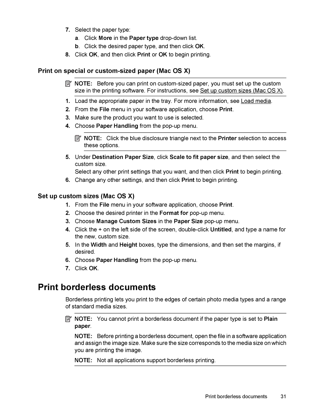 HP 4500 manual Print borderless documents, Print on special or custom-sized paper Mac OS, Set up custom sizes Mac OS 