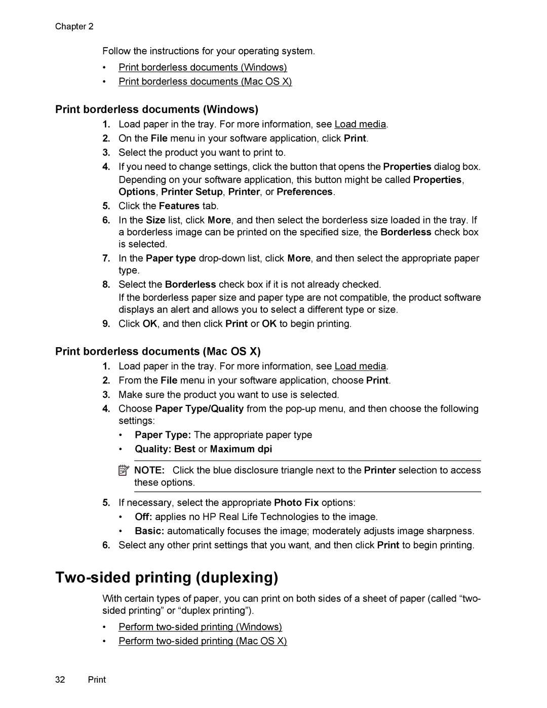 HP 4500 manual Two-sided printing duplexing, Print borderless documents Windows, Print borderless documents Mac OS 