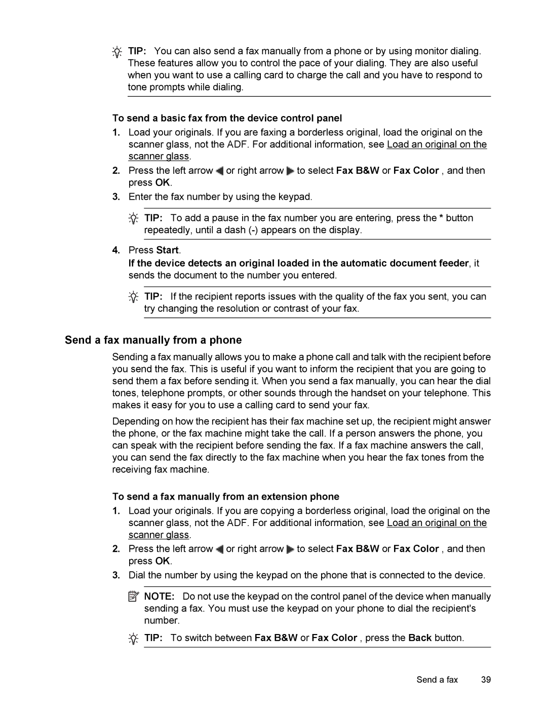 HP 4500 Send a fax manually from a phone, To send a basic fax from the device control panel 