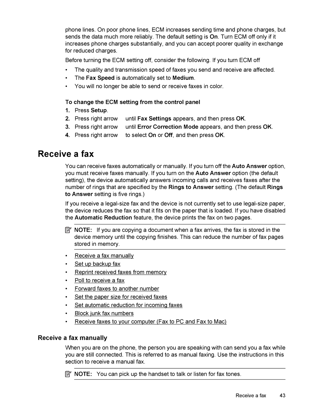 HP 4500 Receive a fax manually, To change the ECM setting from the control panel 