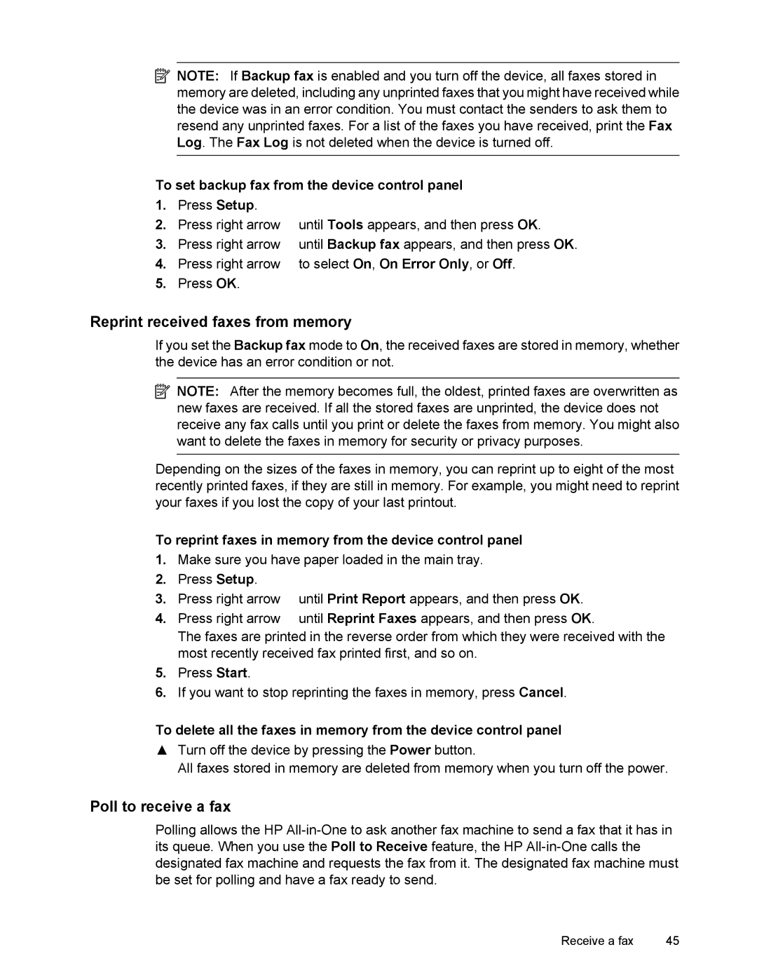 HP 4500 manual Reprint received faxes from memory, Poll to receive a fax, To set backup fax from the device control panel 