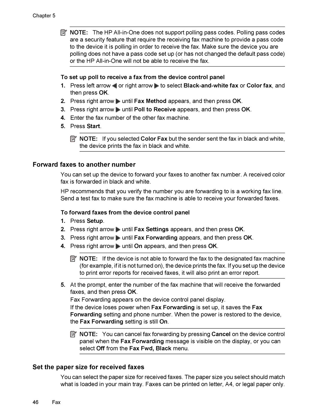 HP 4500 manual Forward faxes to another number, Set the paper size for received faxes 