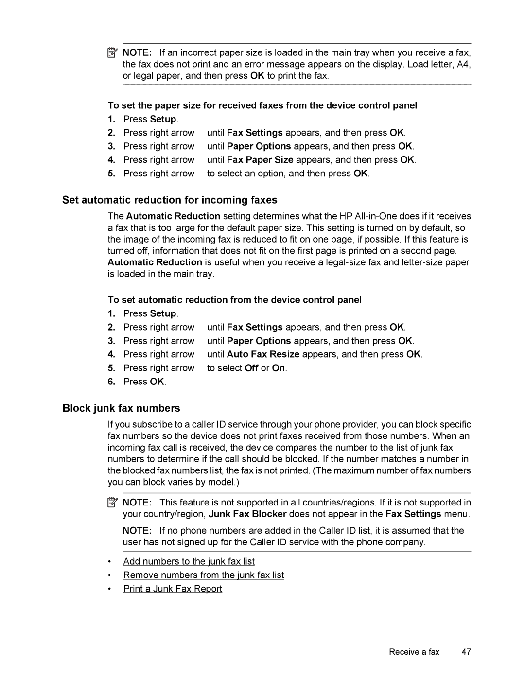 HP 4500 manual Set automatic reduction for incoming faxes, Block junk fax numbers 