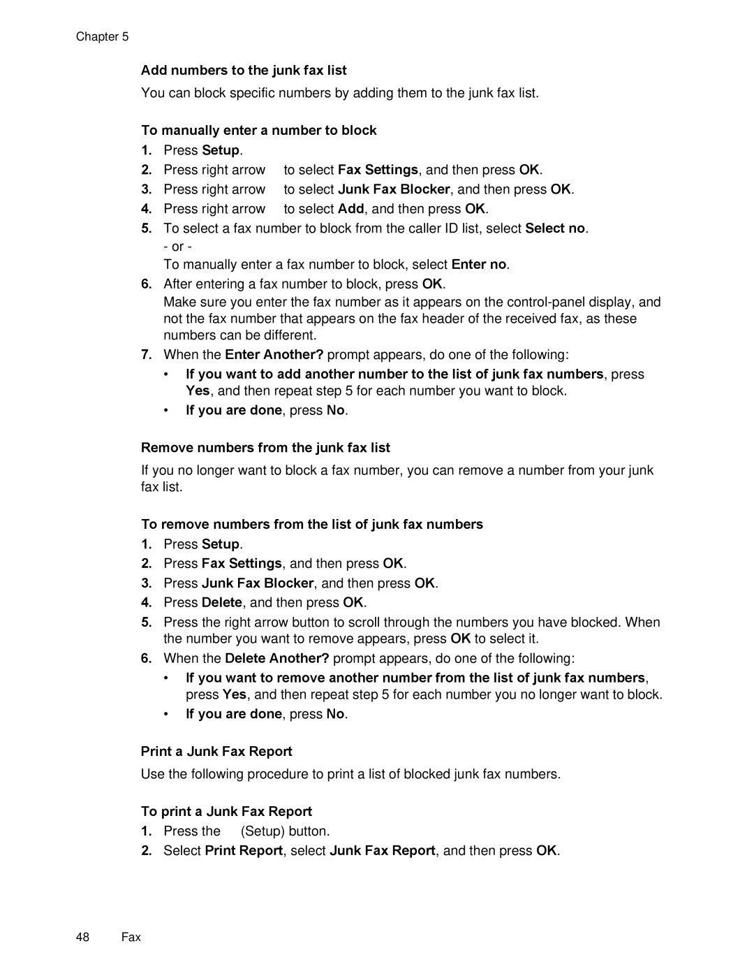 HP 4500 Add numbers to the junk fax list, To manually enter a number to block, To print a Junk Fax Report 