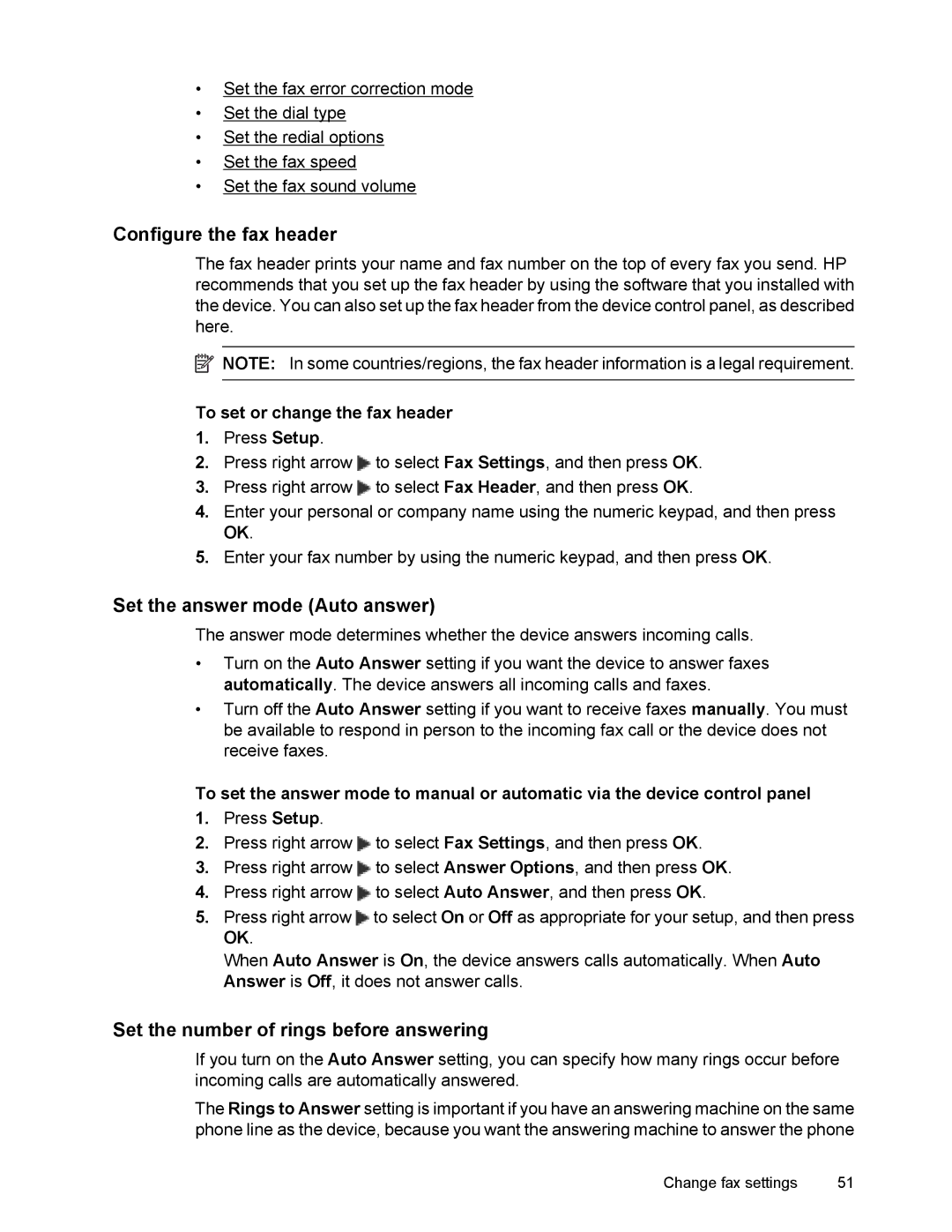 HP 4500 manual Configure the fax header, Set the answer mode Auto answer, Set the number of rings before answering 