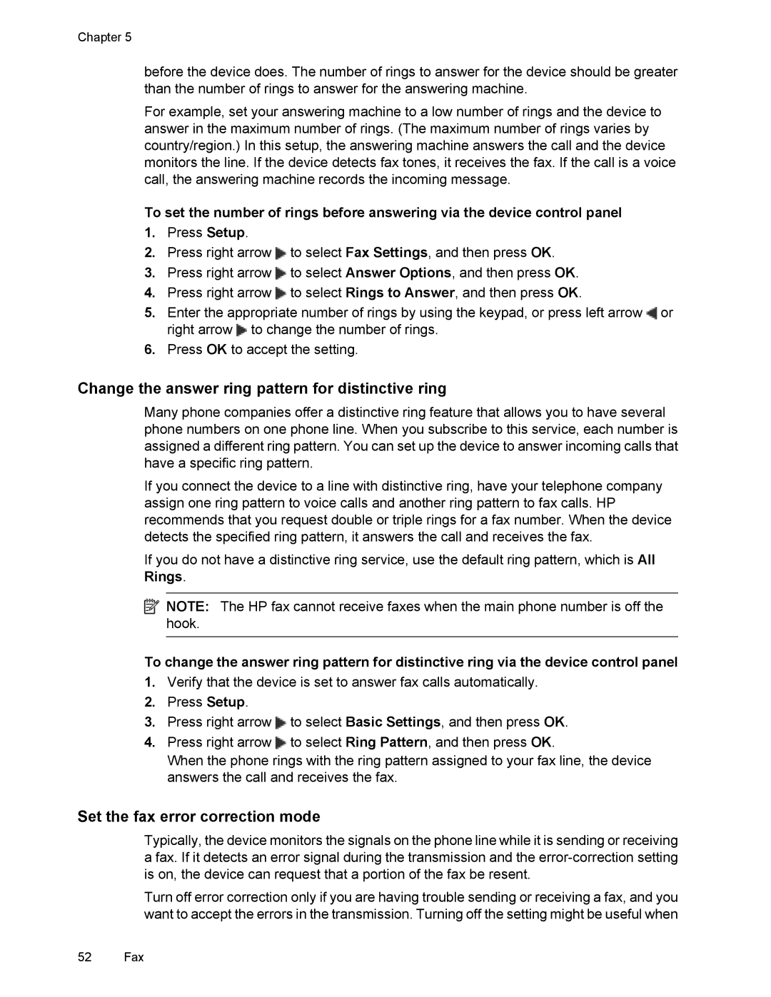 HP 4500 manual Change the answer ring pattern for distinctive ring, Set the fax error correction mode 