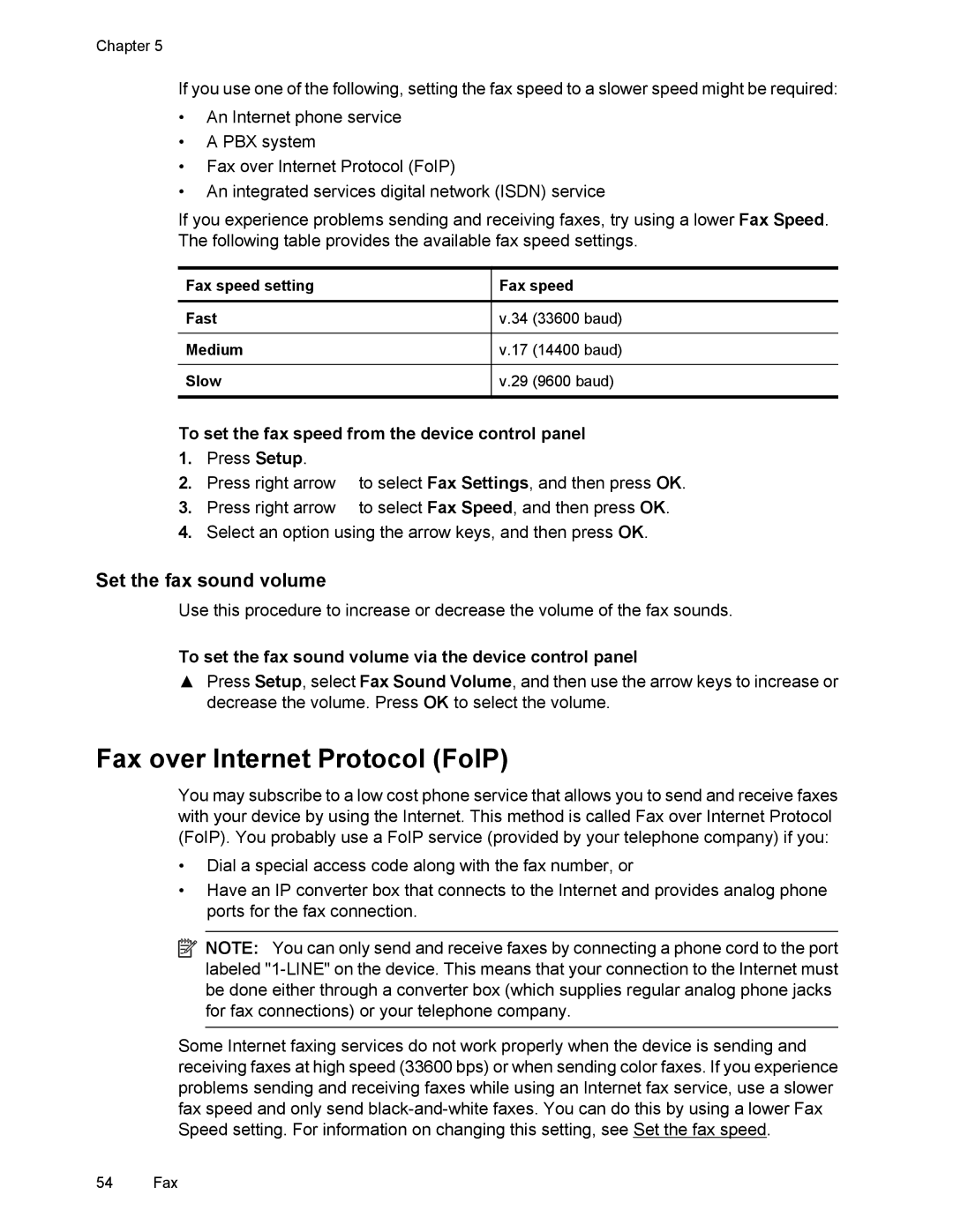 HP 4500 Fax over Internet Protocol FoIP, Set the fax sound volume, To set the fax speed from the device control panel 