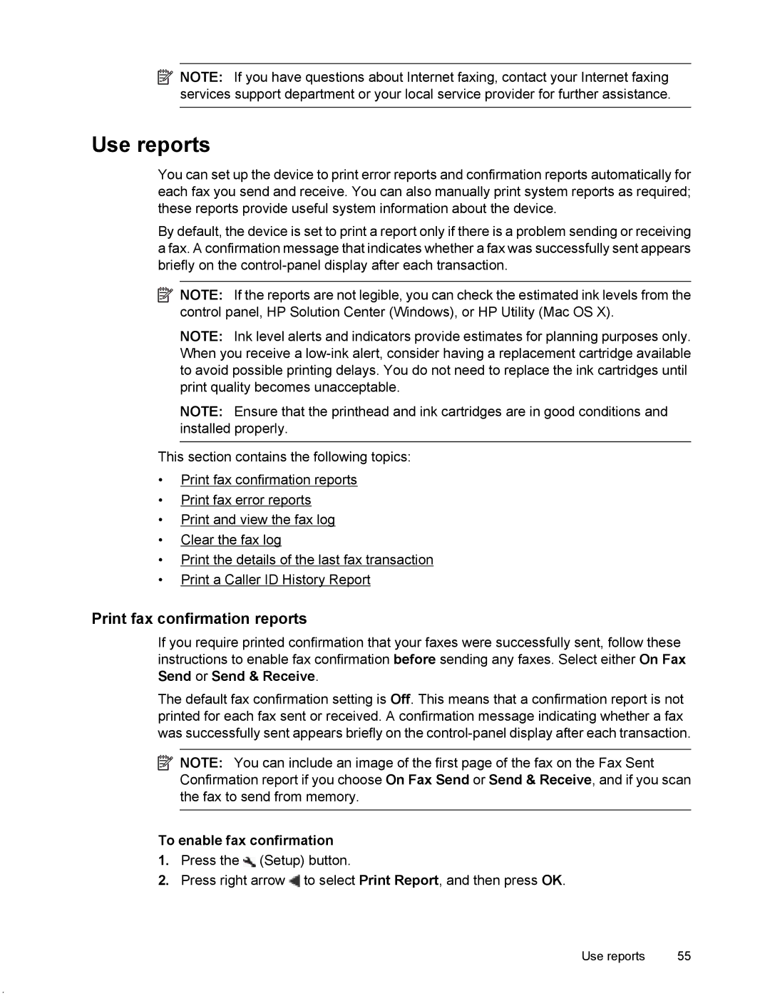 HP 4500 manual Use reports, Print fax confirmation reports, To enable fax confirmation 