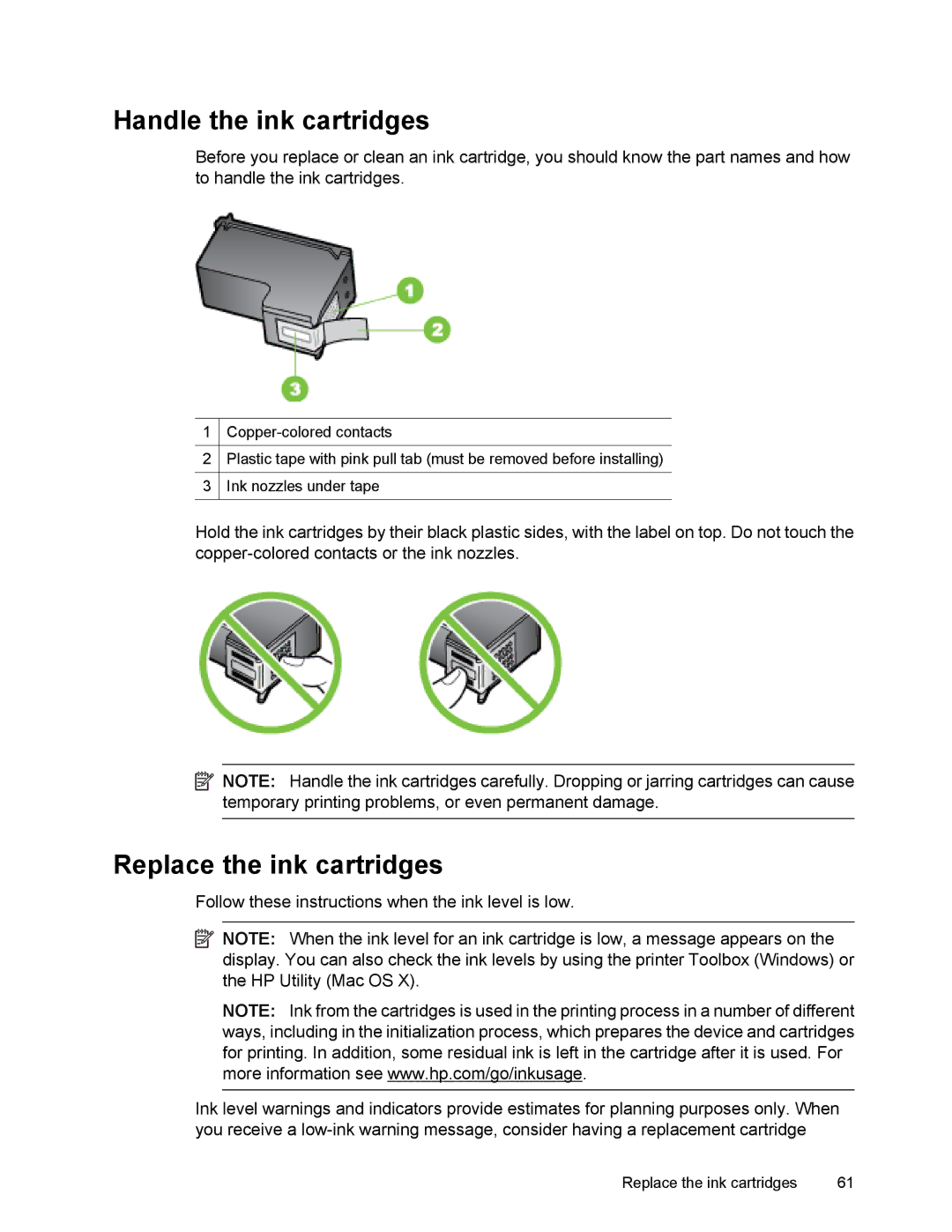 HP 4500 manual Handle the ink cartridges, Replace the ink cartridges 