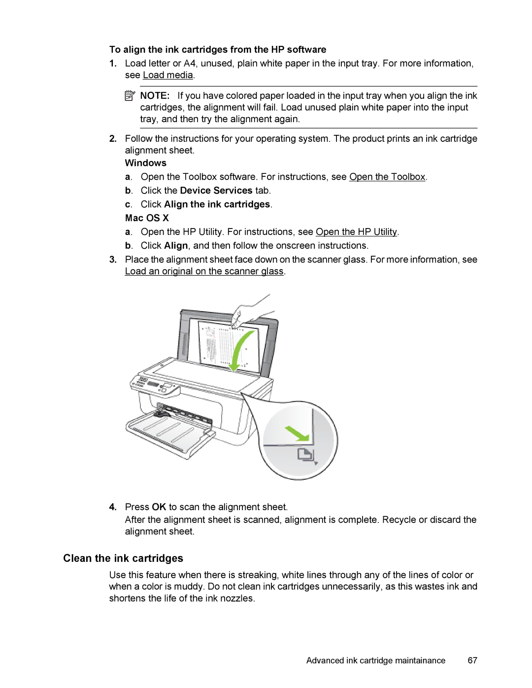 HP 4500 Clean the ink cartridges, To align the ink cartridges from the HP software, Click Align the ink cartridges Mac OS 