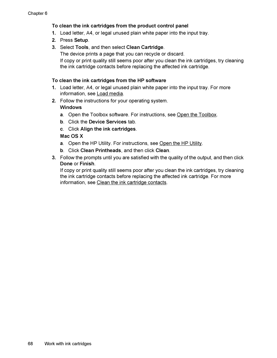 HP 4500 manual To clean the ink cartridges from the product control panel, To clean the ink cartridges from the HP software 